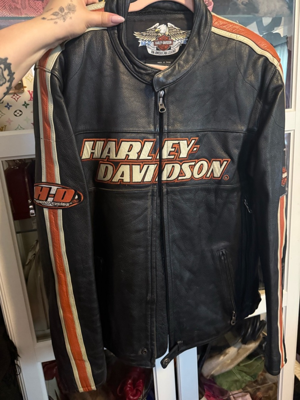 Harley-Davidson Black Leather Racing Jacket with Orange Accents